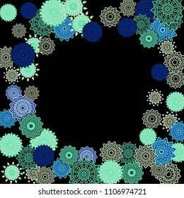 Ethnic Background with Snowflakes or Mandalas. Winter Pattern with Cute Snowflakes. Christmas or Indian Texture in Trendy Style. Vector Snowflakes for Card Design on Black Background