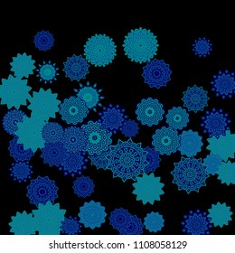 Ethnic Background with Snowflakes or Mandalas. Winter Pattern with Cute Snowflakes. Christmas or Indian Texture in Trendy Style. Vector Snowflakes for Card Design on Black Background