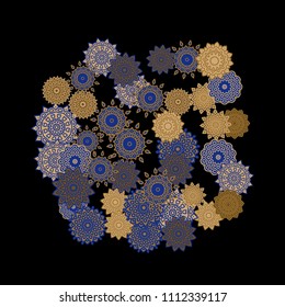 Ethnic Background with Snowflakes or Mandalas. Winter Pattern with Cute Snowflakes. Christmas or Indian Texture in Trendy Style. Vector Snowflakes for Card Design on Black Background