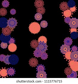 Ethnic Background with Snowflakes or Mandalas. Winter Pattern with Cute Snowflakes. Christmas or Indian Texture in Trendy Style. Vector Snowflakes for Card Design on Black Background