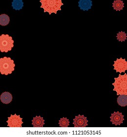 Ethnic Background with Snowflakes or Mandalas. Winter Pattern with Cute Snowflakes. Christmas or Indian Texture in Trendy Style. Vector Snowflakes for Card Design on Black Background