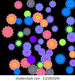 Ethnic Background with Snowflakes or Mandalas. Winter Pattern with Cute Snowflakes. Christmas or Indian Texture in Trendy Style. Vector Snowflakes for Card Design on Black Background