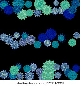 Ethnic Background with Snowflakes or Mandalas. Winter Pattern with Cute Snowflakes. Christmas or Indian Texture in Trendy Style. Vector Snowflakes for Card Design on Black Background