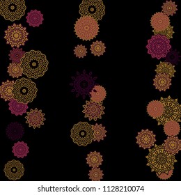 Ethnic Background with Snowflakes or Mandalas. Winter Pattern with Cute Snowflakes. Christmas or Indian Texture in Trendy Style. Vector Snowflakes for Card Design on Black Background