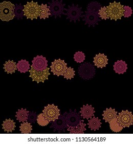 Ethnic Background with Snowflakes or Mandalas. Winter Pattern with Cute Snowflakes. Christmas or Indian Texture in Trendy Style. Vector Snowflakes for Card Design on Black Background