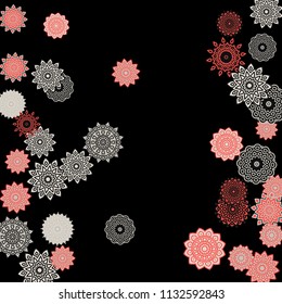 Ethnic Background with Snowflakes or Mandalas. Winter Pattern with Cute Snowflakes. Christmas or Indian Texture in Trendy Style. Vector Snowflakes for Card Design on Black Background