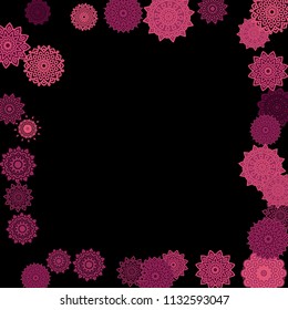 Ethnic Background with Snowflakes or Mandalas. Winter Pattern with Cute Snowflakes. Christmas or Indian Texture in Trendy Style. Vector Snowflakes for Card Design on Black Background