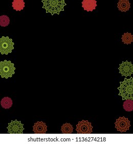 Ethnic Background with Snowflakes or Mandalas. Winter Pattern with Cute Snowflakes. Christmas or Indian Texture in Trendy Style. Vector Snowflakes for Card Design on Black Background