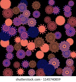 Ethnic Background with Snowflakes or Mandalas. Winter Pattern with Cute Snowflakes. Christmas or Indian Texture in Trendy Style. Vector Snowflakes for Card Design on Black Background