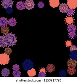 Ethnic Background with Snowflakes or Mandalas. Winter Pattern with Cute Snowflakes. Christmas or Indian Texture in Trendy Style. Vector Snowflakes for Card Design on Black Background