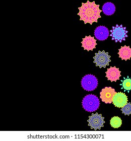Ethnic Background with Snowflakes or Mandalas. Winter Pattern with Cute Snowflakes. Christmas or Indian Texture in Trendy Style. Vector Snowflakes for Card Design on Black Background