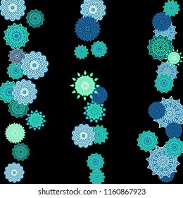 Ethnic Background with Snowflakes or Mandalas. Winter Pattern with Cute Snowflakes. Christmas or Indian Texture in Trendy Style. Vector Snowflakes for Card Design on Black Background