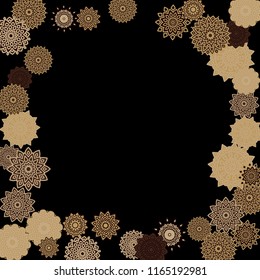 Ethnic Background with Snowflakes or Mandalas. Winter Pattern with Cute Snowflakes. Christmas or Indian Texture in Trendy Style. Vector Snowflakes for Card Design on Black Background