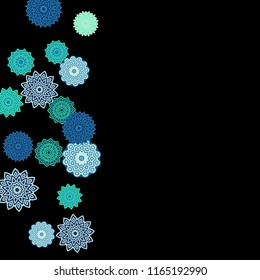 Ethnic Background with Snowflakes or Mandalas. Winter Pattern with Cute Snowflakes. Christmas or Indian Texture in Trendy Style. Vector Snowflakes for Card Design on Black Background