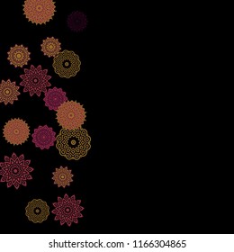 Ethnic Background with Snowflakes or Mandalas. Winter Pattern with Cute Snowflakes. Christmas or Indian Texture in Trendy Style. Vector Snowflakes for Card Design on Black Background