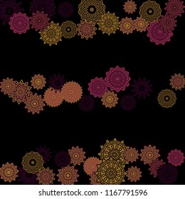 Ethnic Background with Snowflakes or Mandalas. Winter Pattern with Cute Snowflakes. Christmas or Indian Texture in Trendy Style. Vector Snowflakes for Card Design on Black Background