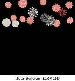 Ethnic Background with Snowflakes or Mandalas. Winter Pattern with Cute Snowflakes. Christmas or Indian Texture in Trendy Style. Vector Snowflakes for Card Design on Black Background