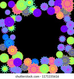 Ethnic Background with Snowflakes or Mandalas. Winter Pattern with Cute Snowflakes. Christmas or Indian Texture in Trendy Style. Vector Snowflakes for Card Design on Black Background
