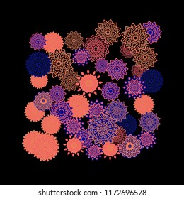 Ethnic Background with Snowflakes or Mandalas. Winter Pattern with Cute Snowflakes. Christmas or Indian Texture in Trendy Style. Vector Snowflakes for Card Design on Black Background