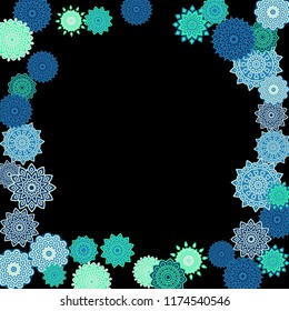 Ethnic Background with Snowflakes or Mandalas. Winter Pattern with Cute Snowflakes. Christmas or Indian Texture in Trendy Style. Vector Snowflakes for Card Design on Black Background