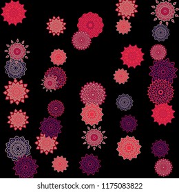 Ethnic Background with Snowflakes or Mandalas. Winter Pattern with Cute Snowflakes. Christmas or Indian Texture in Trendy Style. Vector Snowflakes for Card Design on Black Background