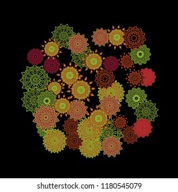 Ethnic Background with Snowflakes or Mandalas. Winter Pattern with Cute Snowflakes. Christmas or Indian Texture in Trendy Style. Vector Snowflakes for Card Design on Black Background