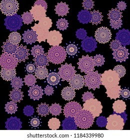Ethnic Background with Snowflakes or Mandalas. Winter Pattern with Cute Snowflakes. Christmas or Indian Texture in Trendy Style. Vector Snowflakes for Card Design on Black Background