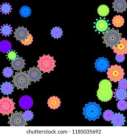 Ethnic Background with Snowflakes or Mandalas. Winter Pattern with Cute Snowflakes. Christmas or Indian Texture in Trendy Style. Vector Snowflakes for Card Design on Black Background