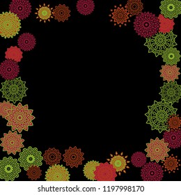 Ethnic Background with Snowflakes or Mandalas. Winter Pattern with Cute Snowflakes. Christmas or Indian Texture in Trendy Style. Vector Snowflakes for Card Design on Black Background