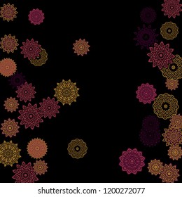 Ethnic Background with Snowflakes or Mandalas. Winter Pattern with Cute Snowflakes. Christmas or Indian Texture in Trendy Style. Vector Snowflakes for Card Design on Black Background