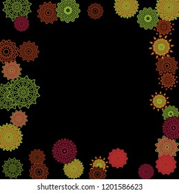 Ethnic Background with Snowflakes or Mandalas. Winter Pattern with Cute Snowflakes. Christmas or Indian Texture in Trendy Style. Vector Snowflakes for Card Design on Black Background