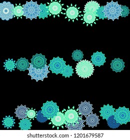 Ethnic Background with Snowflakes or Mandalas. Winter Pattern with Cute Snowflakes. Christmas or Indian Texture in Trendy Style. Vector Snowflakes for Card Design on Black Background