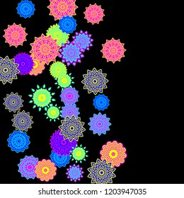Ethnic Background with Snowflakes or Mandalas. Winter Pattern with Cute Snowflakes. Christmas or Indian Texture in Trendy Style. Vector Snowflakes for Card Design on Black Background