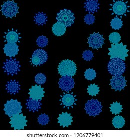 Ethnic Background with Snowflakes or Mandalas. Winter Pattern with Cute Snowflakes. Christmas or Indian Texture in Trendy Style. Vector Snowflakes for Card Design on Black Background