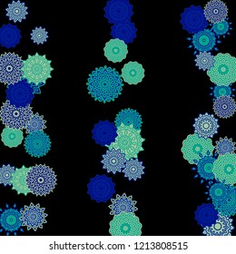 Ethnic Background with Snowflakes or Mandalas. Winter Pattern with Cute Snowflakes. Christmas or Indian Texture in Trendy Style. Vector Snowflakes for Card Design on Black Background
