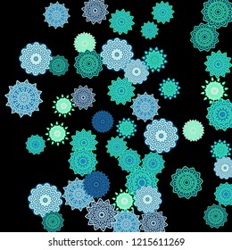 Ethnic Background with Snowflakes or Mandalas. Winter Pattern with Cute Snowflakes. Christmas or Indian Texture in Trendy Style. Vector Snowflakes for Card Design on Black Background