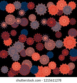 Ethnic Background with Snowflakes or Mandalas. Winter Pattern with Cute Snowflakes. Christmas or Indian Texture in Trendy Style. Vector Snowflakes for Card Design on Black Background