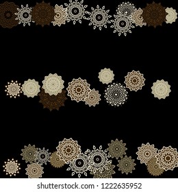 Ethnic Background with Snowflakes or Mandalas. Winter Pattern with Cute Snowflakes. Christmas or Indian Texture in Trendy Style. Vector Snowflakes for Card Design on Black Background