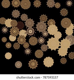 Ethnic Background with Snowflakes or Mandalas. Winter Pattern with Cute Snowflakes. Christmas or Indian Texture in Trendy Style. Vector for Card Design on Black Background