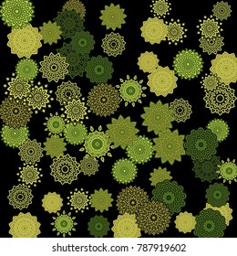 Ethnic Background with Snowflakes or Mandalas. Winter Pattern with Cute Snowflakes. Christmas or Indian Texture in Trendy Style. Vector Snowflakes for Card Design on Black Background