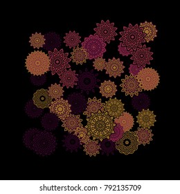 Ethnic Background with Snowflakes or Mandalas. Winter Pattern with Cute Snowflakes. Christmas or Indian Texture in Trendy Style. Vector Snowflakes for Card Design on Black Background