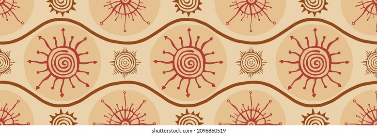 Fondo étnico, símbolos solares, diseño vectorial. Patrón sin foco. 