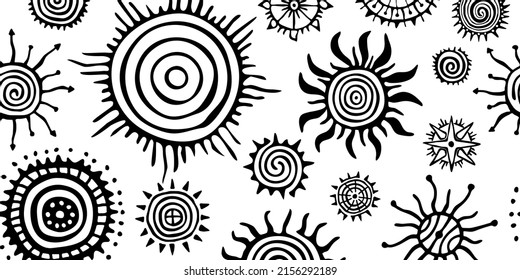 Fondo étnico, símbolos solares, diseño vectorial. Patrón sin foco. 