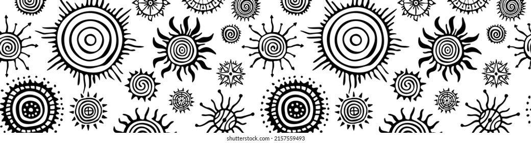 Ethnic background, sun symbols, vector design. Seamless pattern, border. 