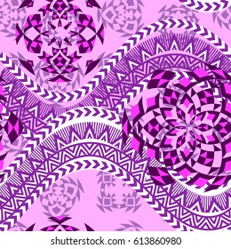 Ethnic background. Tribal seamless pattern . Geometric shapes, round ornaments and waves. Purple and violet colors. Vector illustration.
