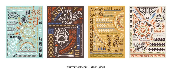 Ethnic backgrounds set with Aztec symbols, elements, abstract patterns, ancient mexican ornaments. Hand-drawn interior posters, cards, wall art in boho style. Flat graphic vector illustrations