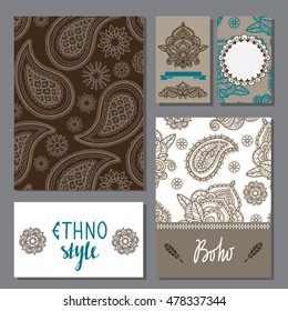 Ethnic backgrounds set. Tribal art business cards. Boho motif. Ethno style ornament. Feather, flowers, wreath, frame isolated. Paisley