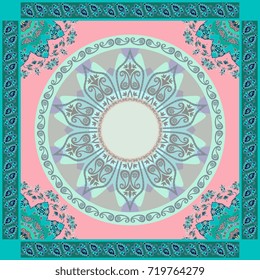 Ethnic bandana print in pink and emerald tones. Mandalas and paisley frames. Indian, thai, persian, turkish motives. Beautiful vector illustration.