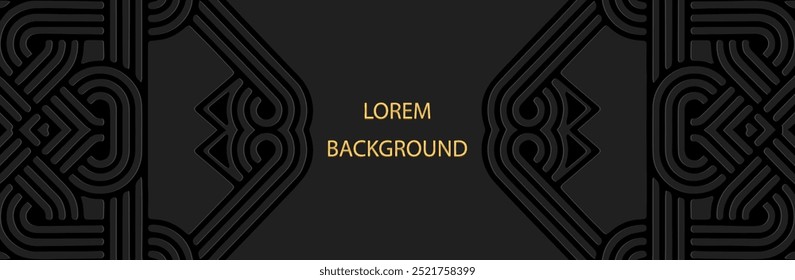 Banner étnico, fundo lorem preto, design de capa tribal. Padrão 3D texturizado geométrico, entalhe, espaço para texto. Ornamentos no estilo do Oriente, Ásia, Índia, México, Asteca, Peru.
