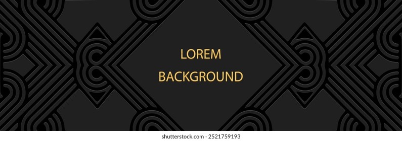 Banner étnico, fundo lorem preto, design de capa tribal. Padrão 3D original texturizado geométrico, em alto-relevo, espaço para texto. Ornamentos no estilo do Oriente, Ásia, Índia, México, Asteca, Peru.